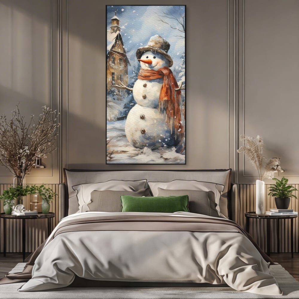 Tablou canvas cu tablou canvas cu om de zapada, in rama de aluminiu negru, pe perete intr-un dormitor
